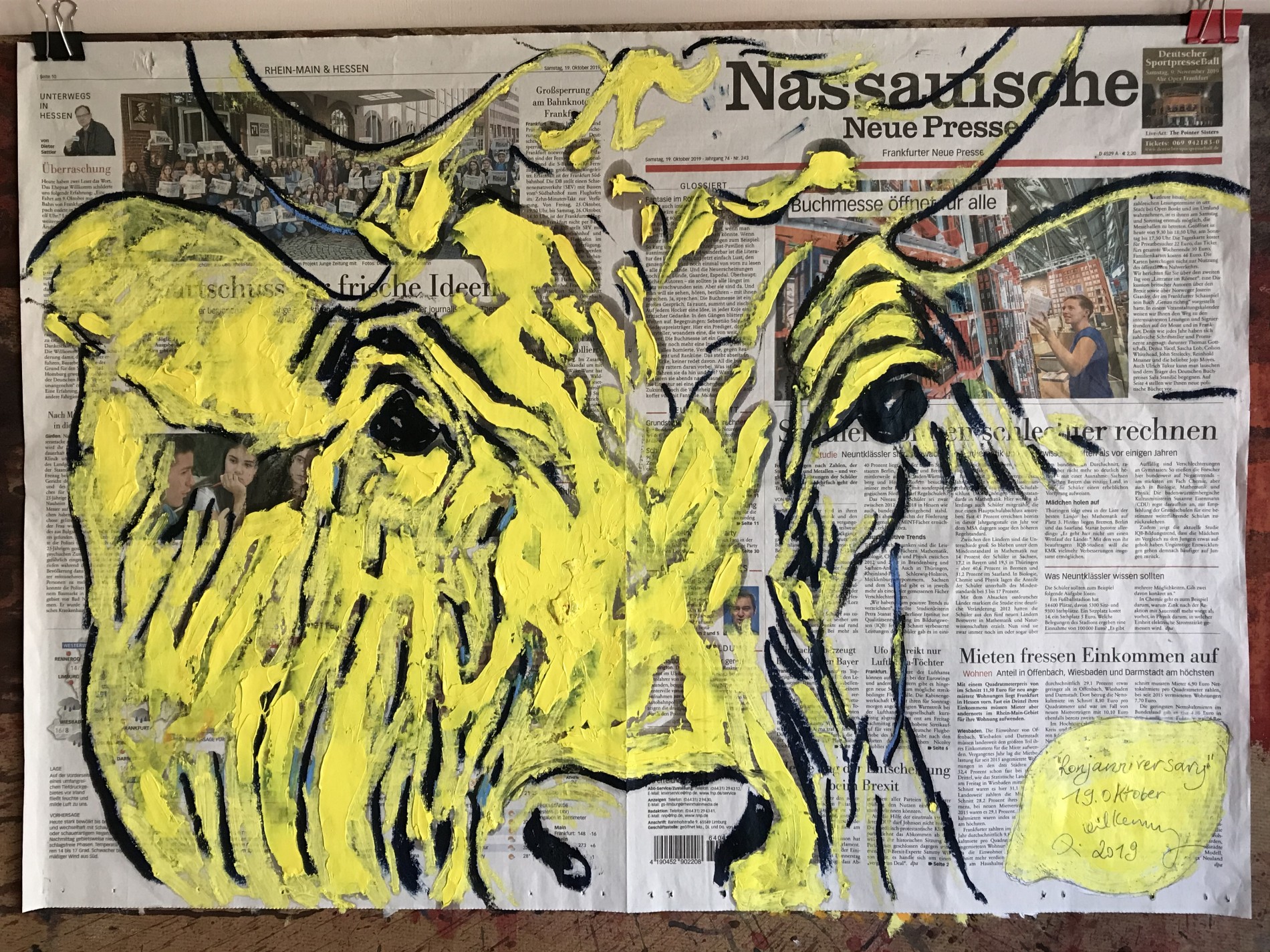 Ronjanniversary Oil paint and oil stick on Nassauische Newspaper Frankfurt 19.X.2019  by Pete Kilkenny